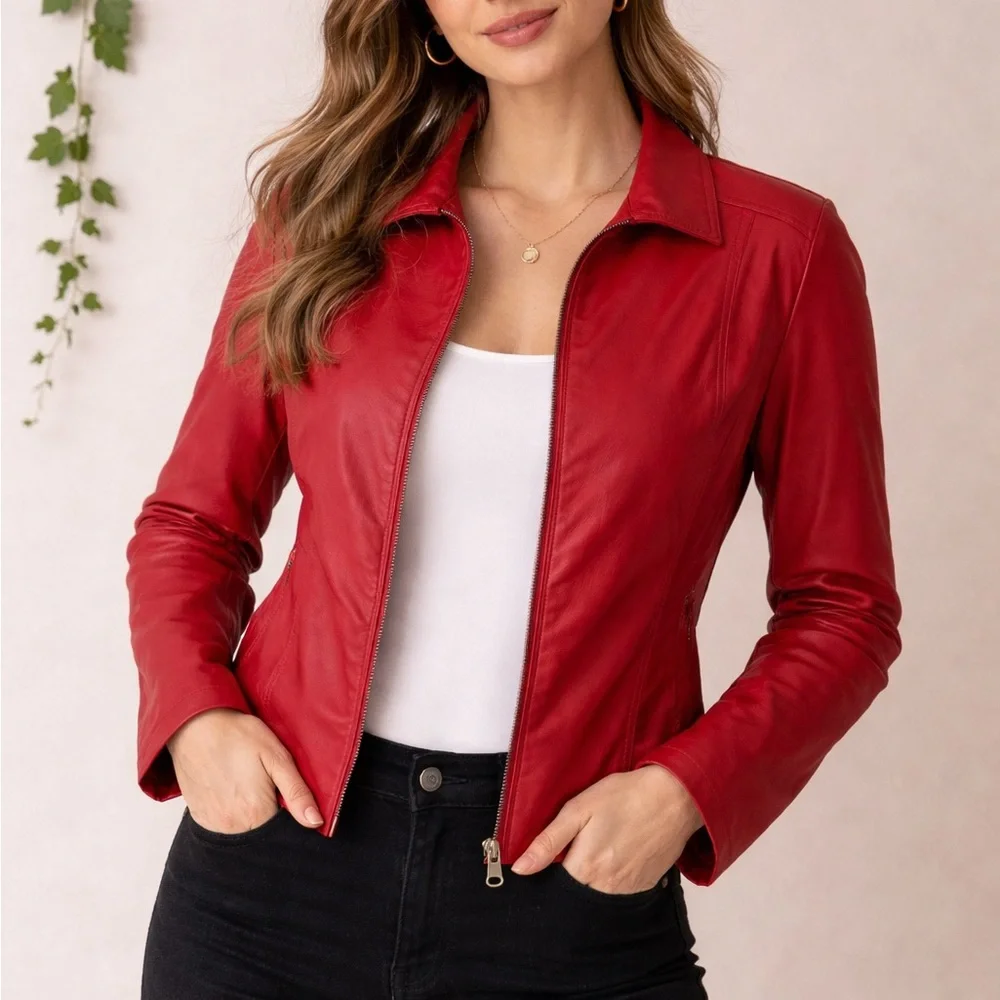 IS SOLD Allison Daley Vibrant Red Leather Jacket - Picture 1 of 7